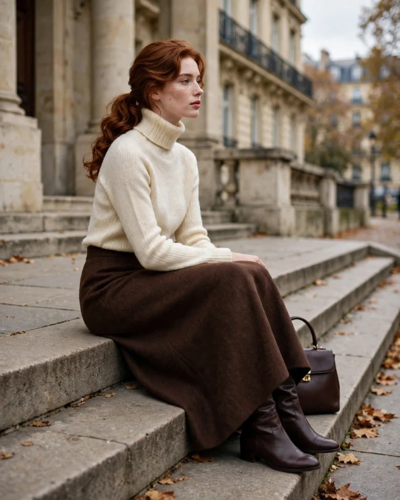 Turtleneck Sweater with a Long Wool Skirt Fall to Winter Outfit