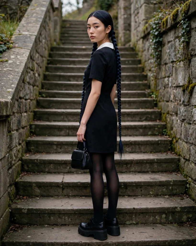 21 Last-Minute Halloween Costume Ideas Anyone Can Put Together 4 Wednesday Addams Last-Minute Halloween Costume
