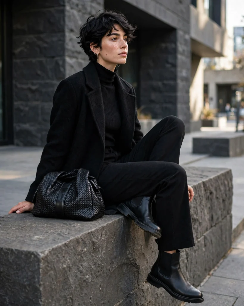 Black Coat with an All-Black Outfit Fall Coat Outfit