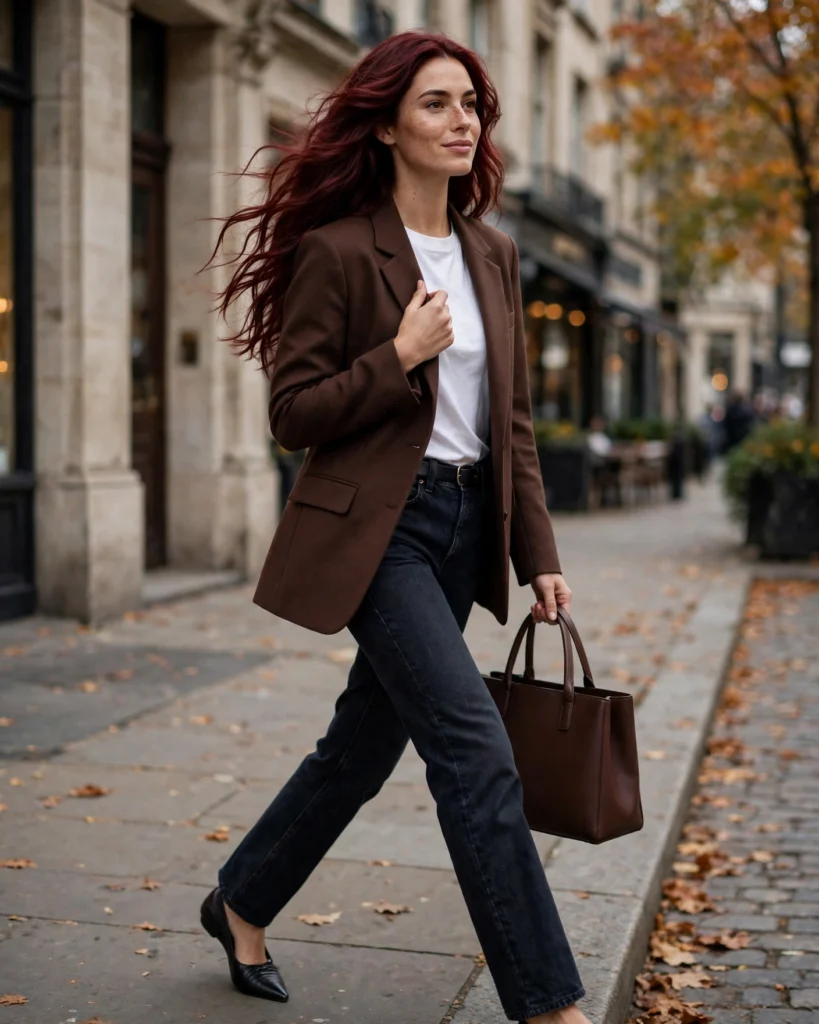 Blazer with a Basic Tee and Dark Denim Simple Fall Outfit