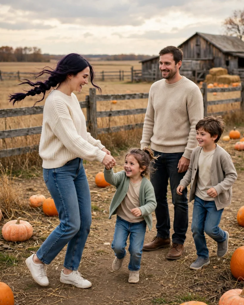 Coordinated Denim and Neutral Sweaters Fall Family Picture Outfit