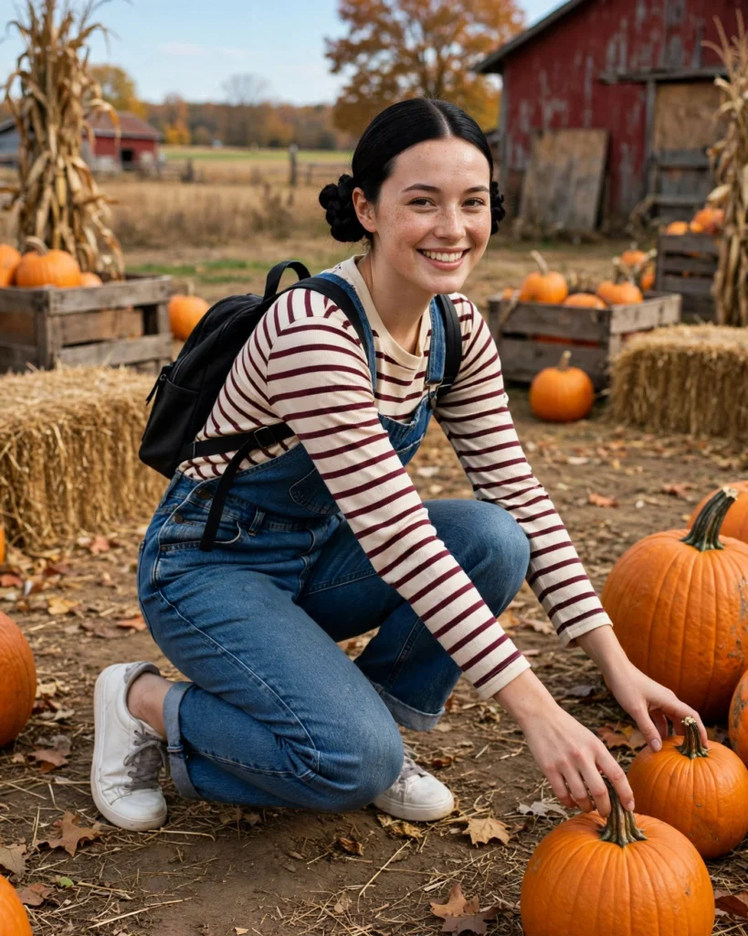 Denim Overalls with a Striped Long-Sleeved Shirt Pumpkin Patch Outfit