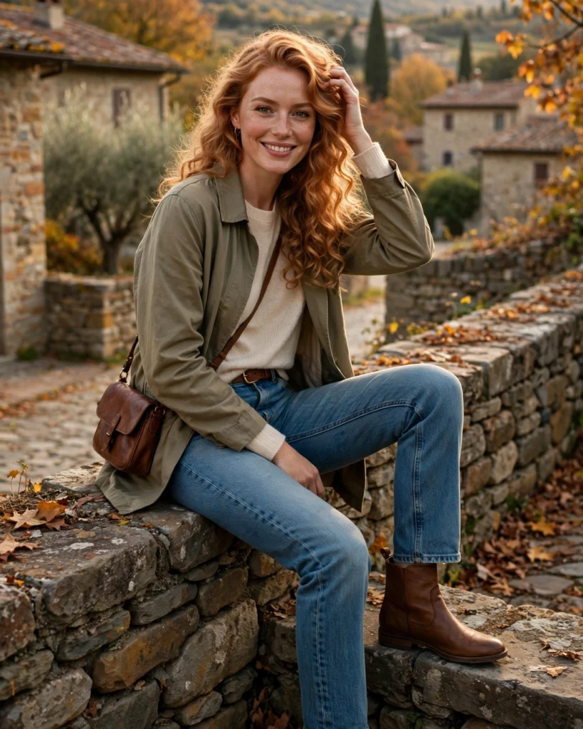 Italian Countryside Outfit with a Knit Top and Straight-Leg Jeans Fall Travel Outfit