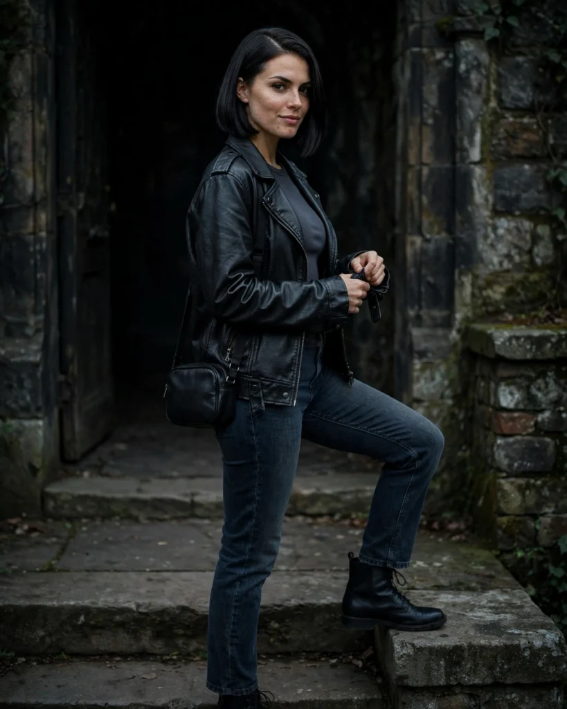 21 Haunted House Outfits for Women: Cute, Spooky & Comfortable Ideas 5 Leather Jacket with Dark Denim Haunted House Outfit