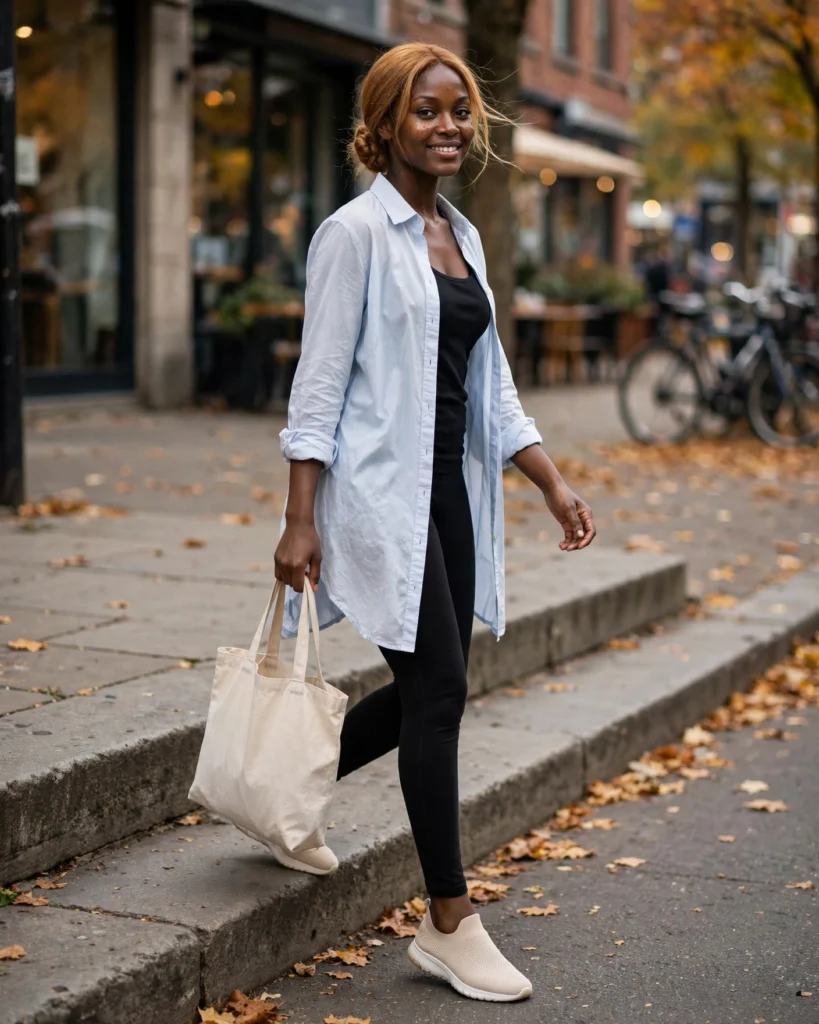Leggings with a Longline Button-Down Shirt Casual Fall Outfit