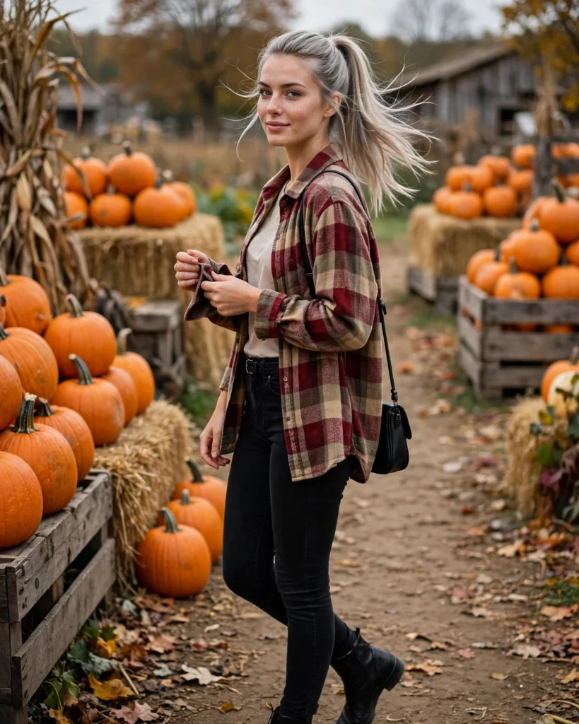 21 Pumpkin Patch Outfits with Black Boots: Cute & Chic Fall Looks 5 Plaid Shacket with Black Skinny Jeans Pumpkin Patch Outfit with Black Boots