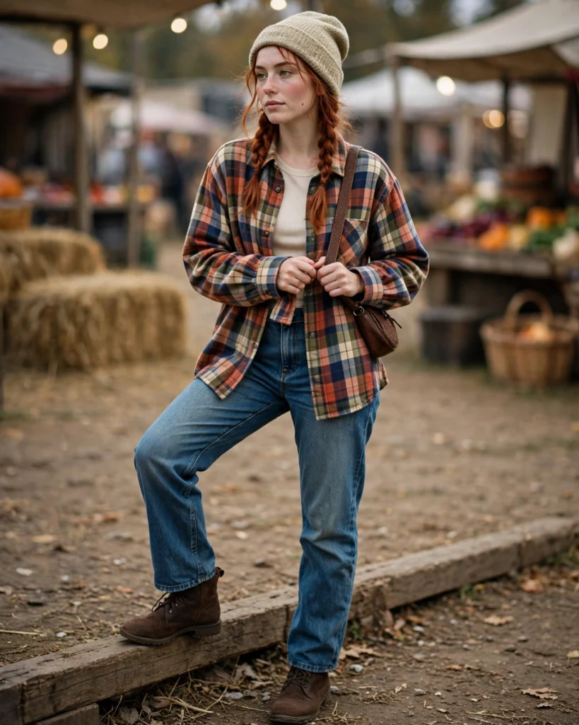 21 Fall Festival Outfits for Women: Cute & Chic Looks for Autumn 5 Plaid Shacket with Straight-Leg Jeans Fall Festival Outfit