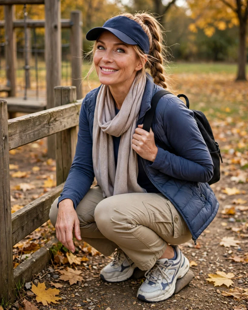 20 Fall Mom Outfits 2026: Cozy, Chic & Casual Ideas 5 Playground Outfit with Cargo Pants and a Lightweight Puffer Fall Mom Outfit