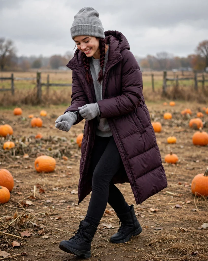 Puffer Coat with Fleece-Lined Leggings Cold Pumpkin Patch Outfit