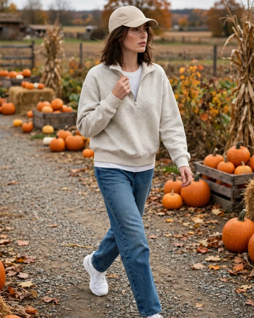 21 Casual Pumpkin Patch Outfits: Cute & Comfortable Fall Looks 5 Relaxed Jeans with a Half-Zip Sweatshirt Casual Pumpkin Patch Outfit