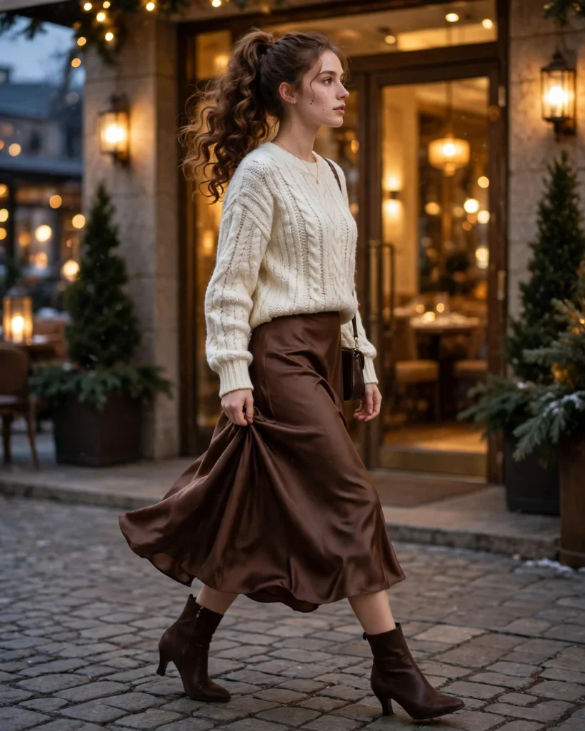 21 Winter Going Out Outfits: Chic Looks for Cold Nights 5 Satin Skirt with a Chunky Knit Sweater Winter Going Out Outfit