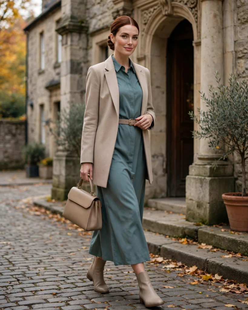 22 Modest Fall Outfits: Elegant and Chic Looks for Every Occasion 5 Shirt Dress with a Longline Blazer Modest Fall Outfit