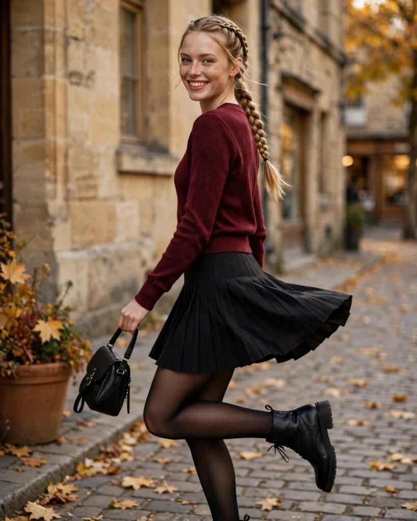 Sweater with a Pleated Mini Skirt and Tights Fall Sweater Outfit