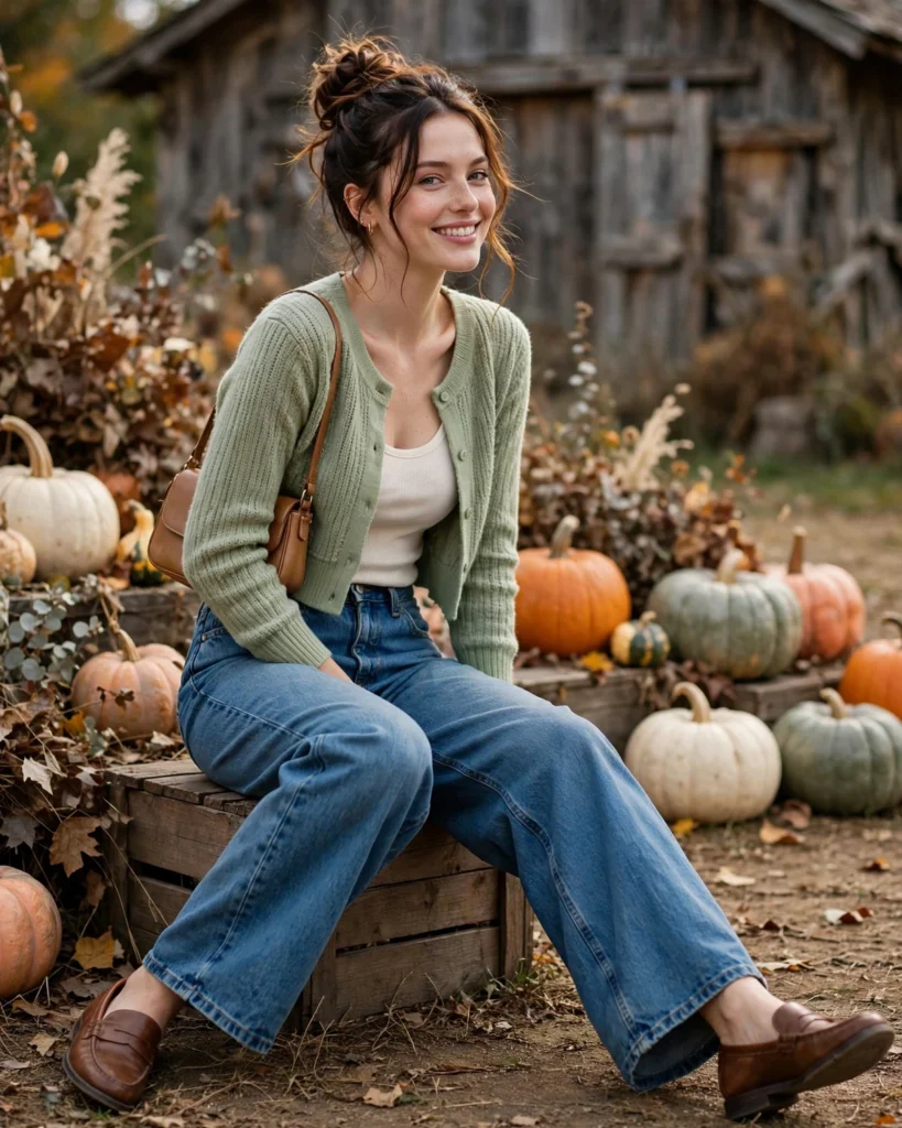 Wide-Leg Jeans with a Cropped Cardigan Pumpkin Patch Outfit with Jeans