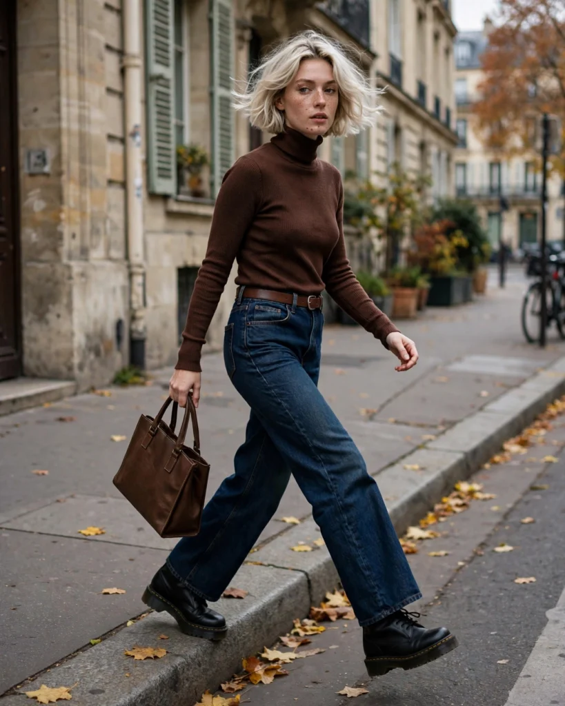 Wide-Leg Jeans with a Fitted Turtleneck Doc Martens Fall Outfit