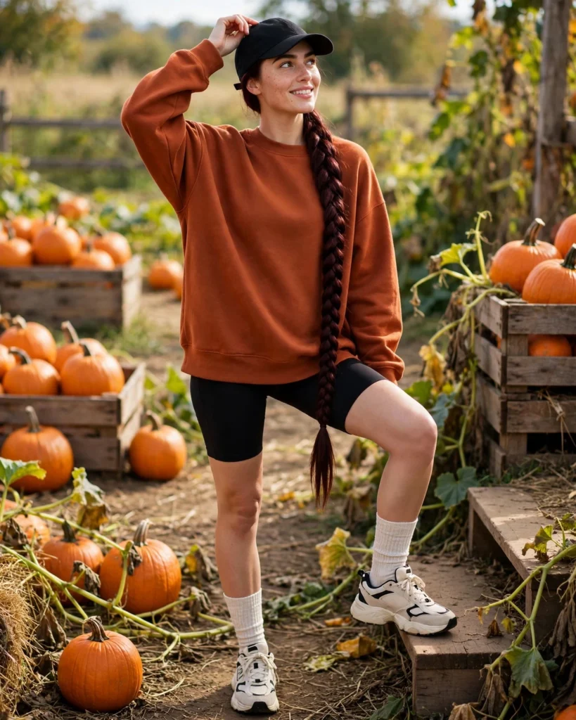 21 Casual Pumpkin Patch Outfits: Cute & Comfortable Fall Looks 6 Biker Shorts with an Oversized Sweatshirt Casual Pumpkin Patch Outfit