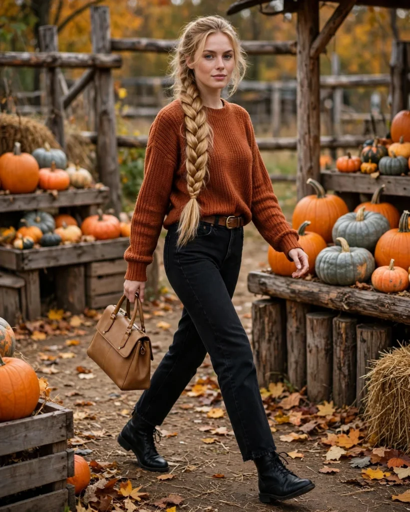 Black Jeans with a Rust Sweater Pumpkin Patch Outfit with Jeans
