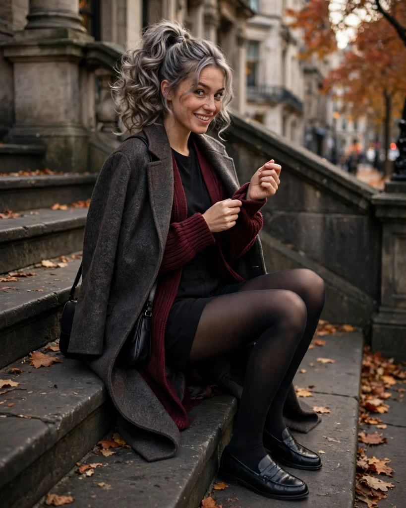 21 Must-Have Fall Outfits: Chic Looks to Wear All Season 6 Burgundy Cardigan with Tailored Black Shorts and Tights Must-Have Fall Outfit