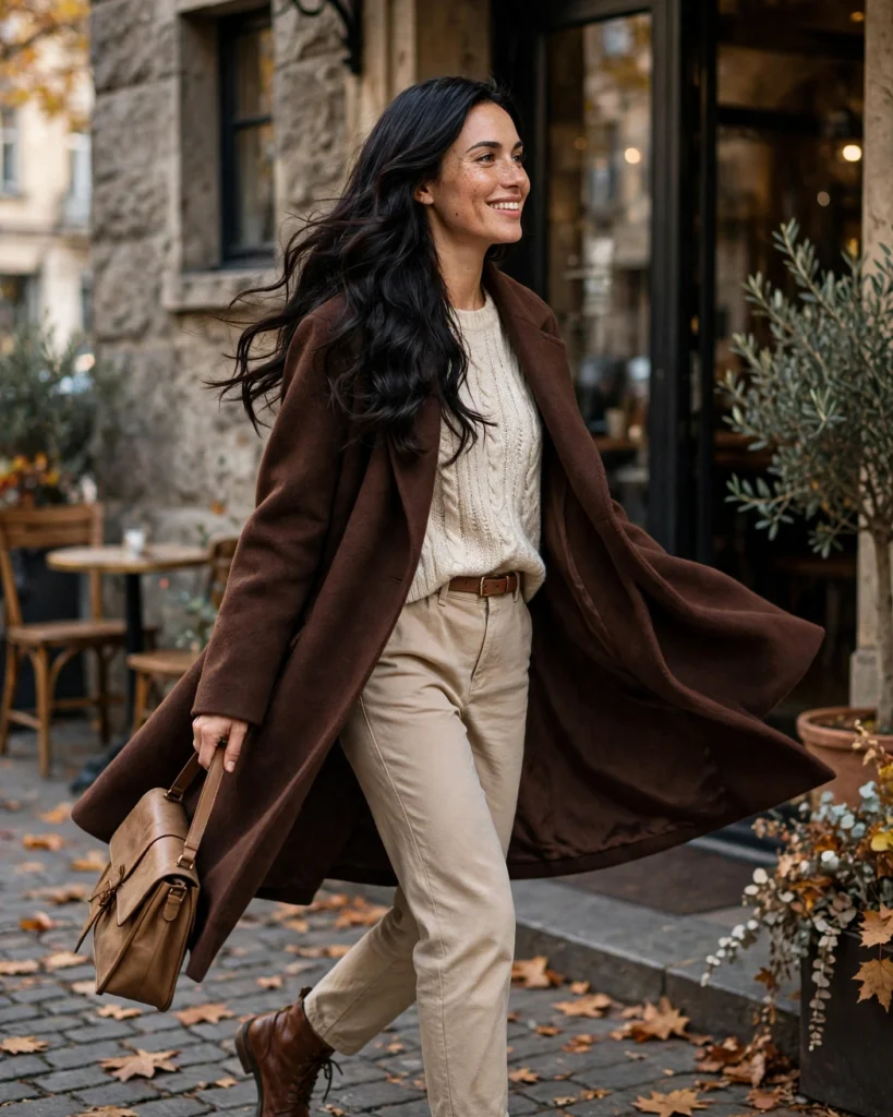 Chocolate Brown Coat with Cream Knitwear Fall Coat Outfit
