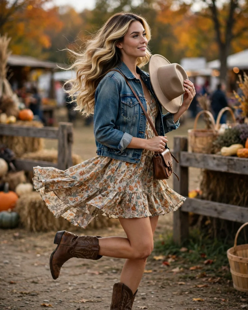 21 Fall Festival Outfits for Women: Cute & Chic Looks for Autumn 6 Cowboy Boots with a Flowy Dress Fall Festival Outfit