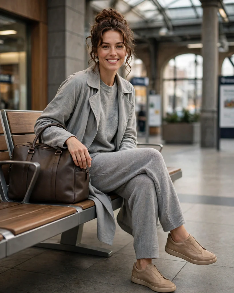 Cozy Train Travel Outfit with a Matching Knit Set Fall Travel Outfit