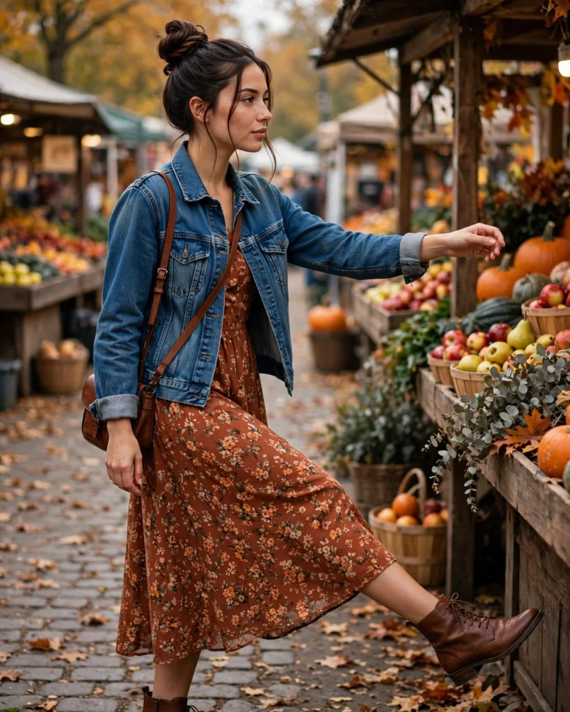 Denim Jacket with a Midi Dress Simple Fall Outfit