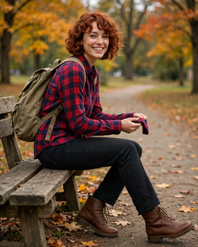 Flannel Shirt with Black Straight-Leg Denim Casual Fall Outfit