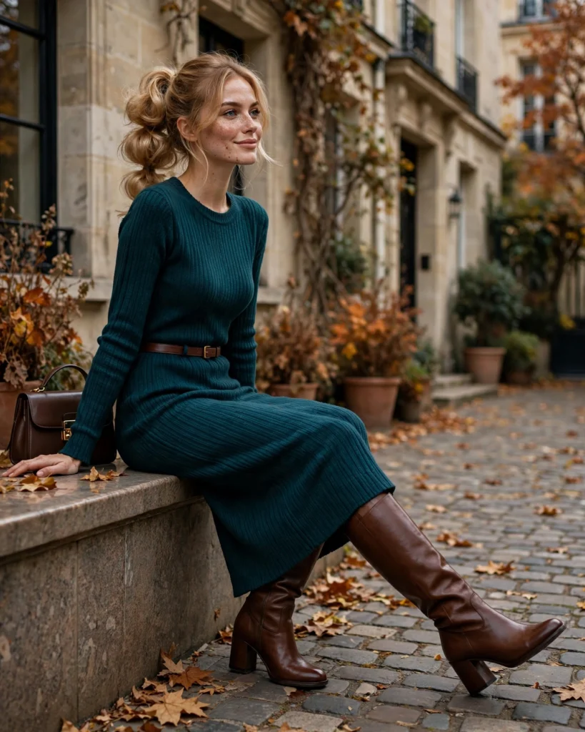 Knit Dress with Tall Boots Fall Fashion Outfit
