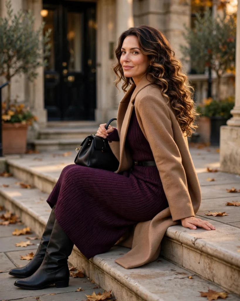 20 Fall Mom Outfits 2026: Cozy, Chic & Casual Ideas 6 Chic Mom Outfit with a Knit Midi Dress and Tall Boots Fall Mom Outfit