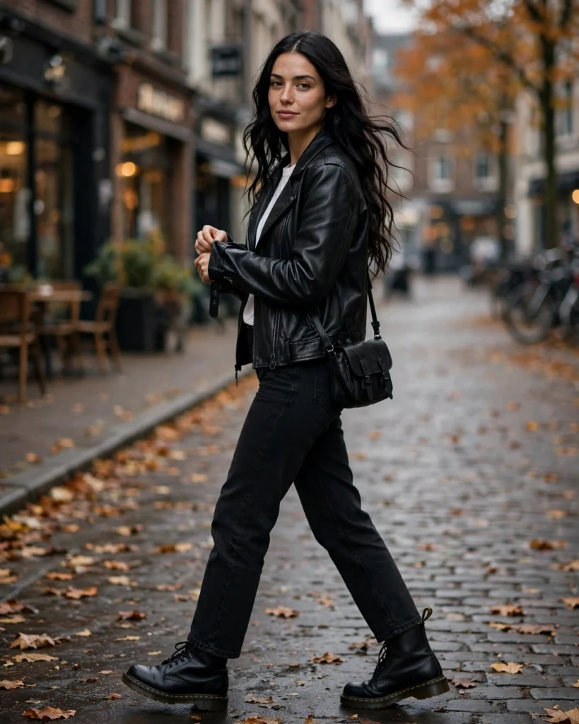 Leather Jacket with Black Jeans and Doc Martens Doc Martens Fall Outfit