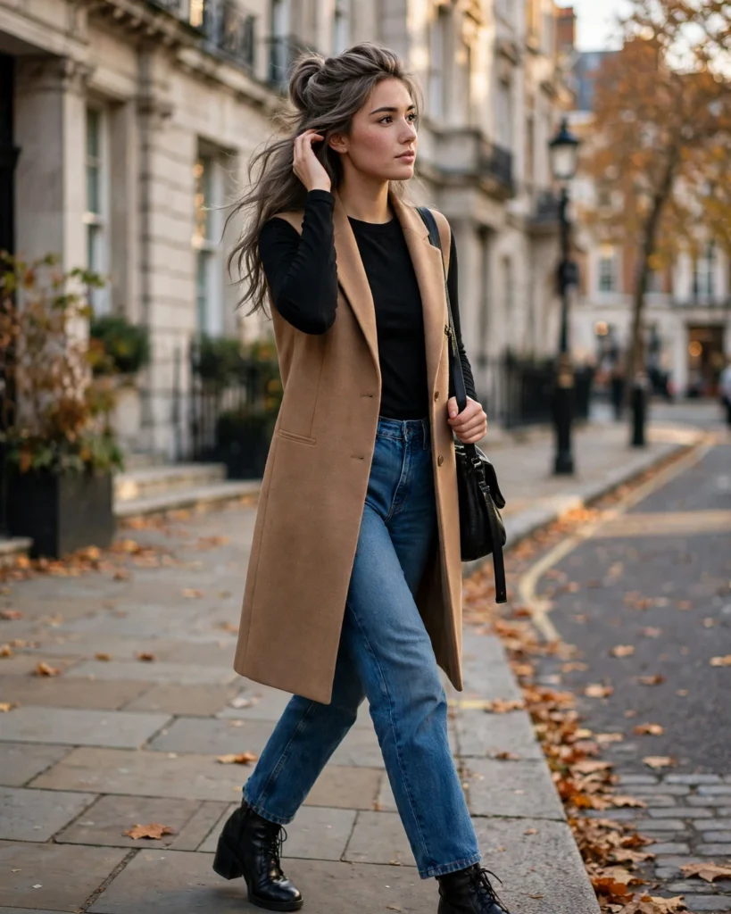 Longline Vest with a Fitted Top and Jeans Fall Vest Outfit