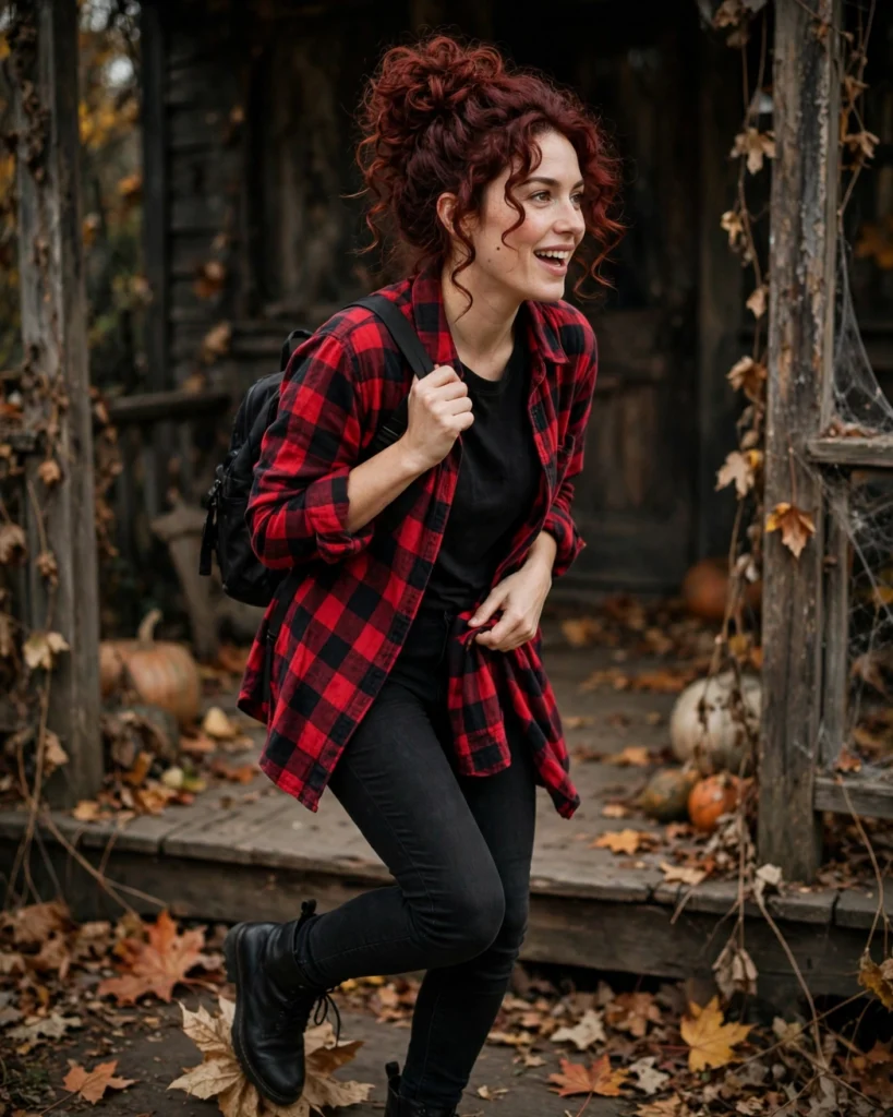 21 Haunted House Outfits for Women: Cute, Spooky & Comfortable Ideas 6 Plaid Shirt with Black Jeans Haunted House Outfit