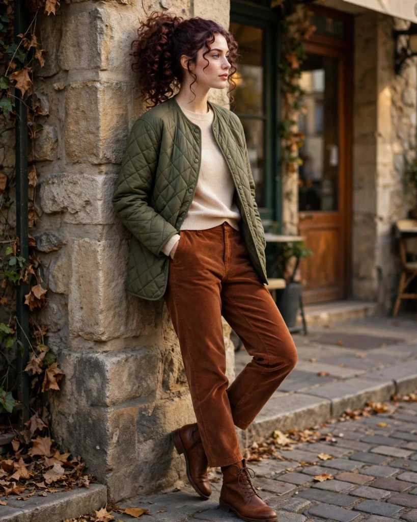 Quilted Jacket with Corduroy Trousers Fall to Winter Outfit