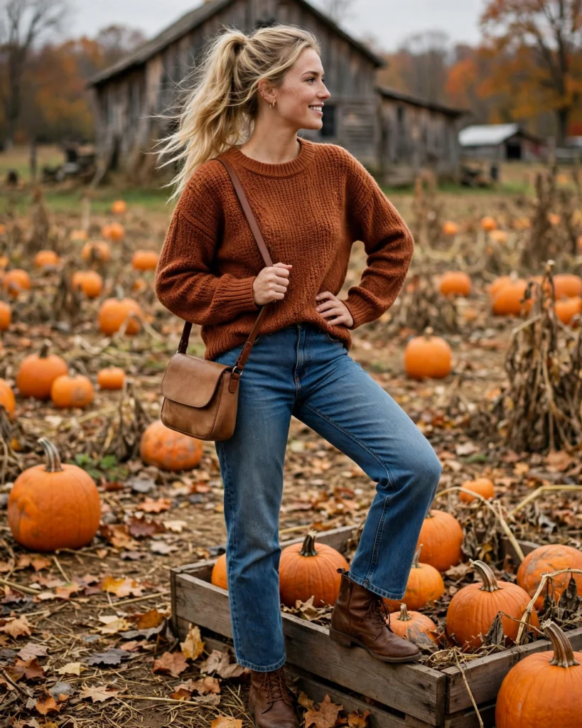 Rust Sweater with Blue Jeans Pumpkin Patch Outfit
