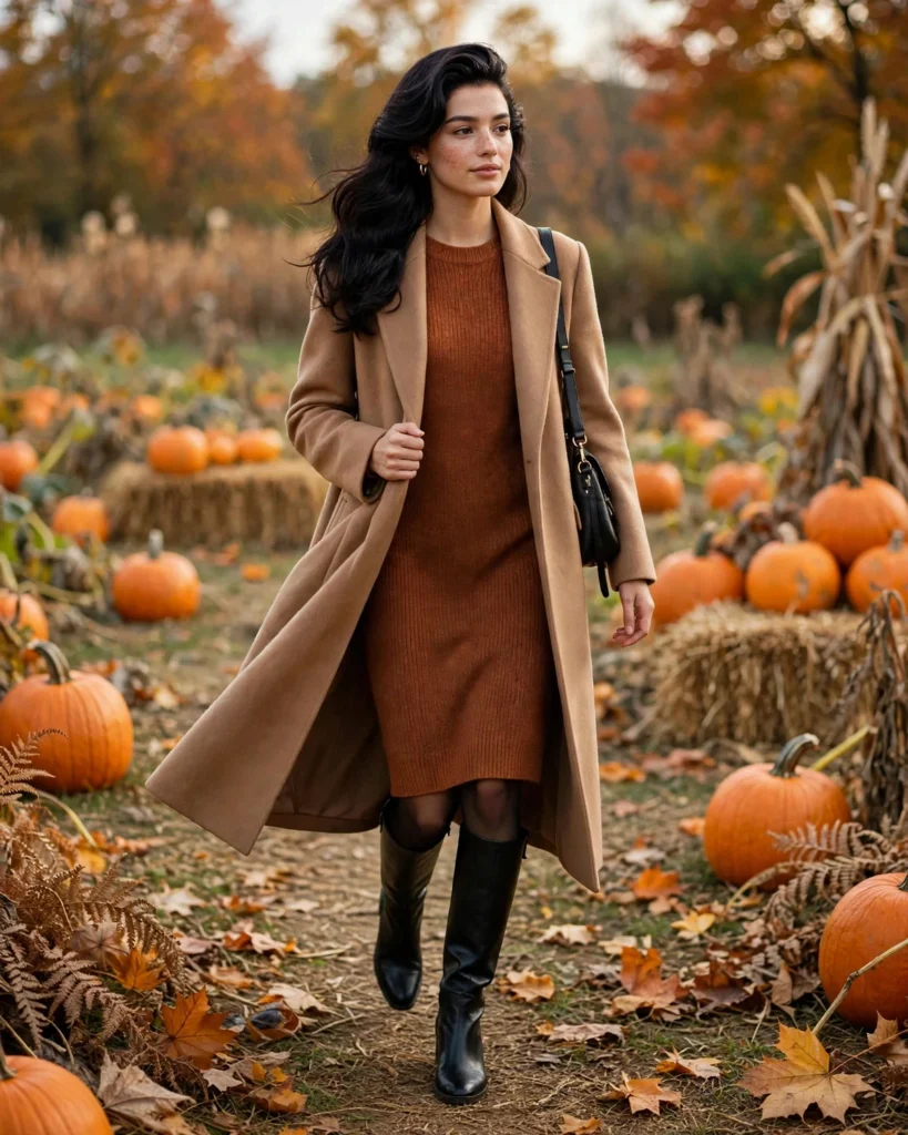 21 Pumpkin Patch Outfits with Black Boots: Cute & Chic Fall Looks 6 Rust Sweater Dress with Black Knee-High Boots Pumpkin Patch Outfit with Black Boots