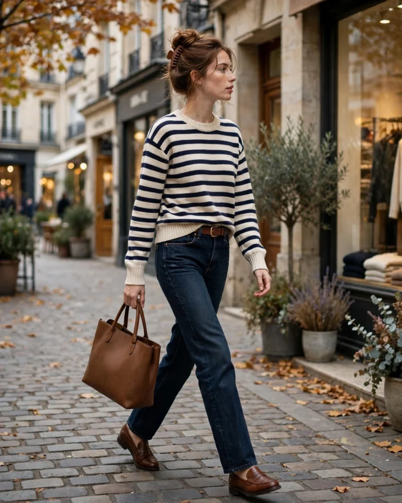 Striped Sweater with Dark Denim Fall Sweater Outfit
