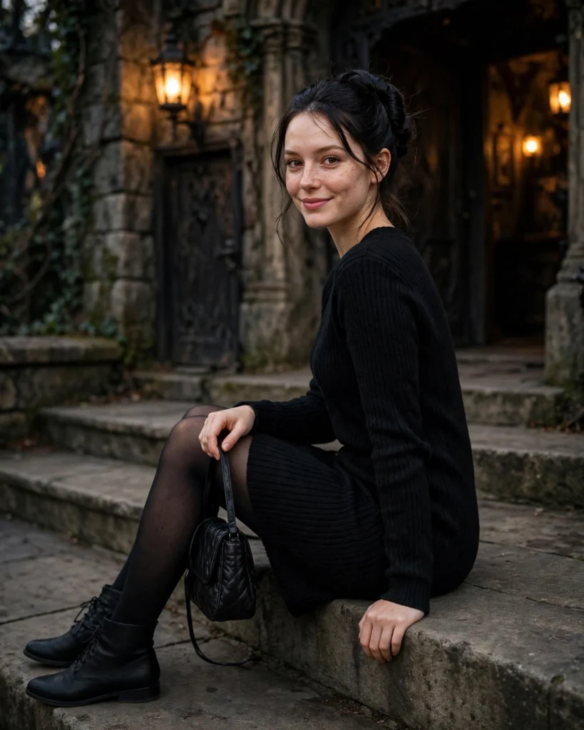 21 Haunted House Outfits for Women: Cute, Spooky & Comfortable Ideas 7 Black Sweater Dress with Ankle Boots Haunted House Outfit