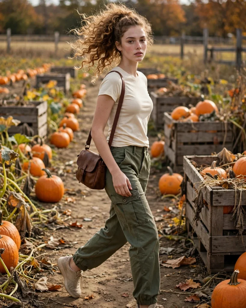 21 Casual Pumpkin Patch Outfits: Cute & Comfortable Fall Looks 7 Cargo Pants with a Basic Tee and Sneakers Casual Pumpkin Patch Outfit