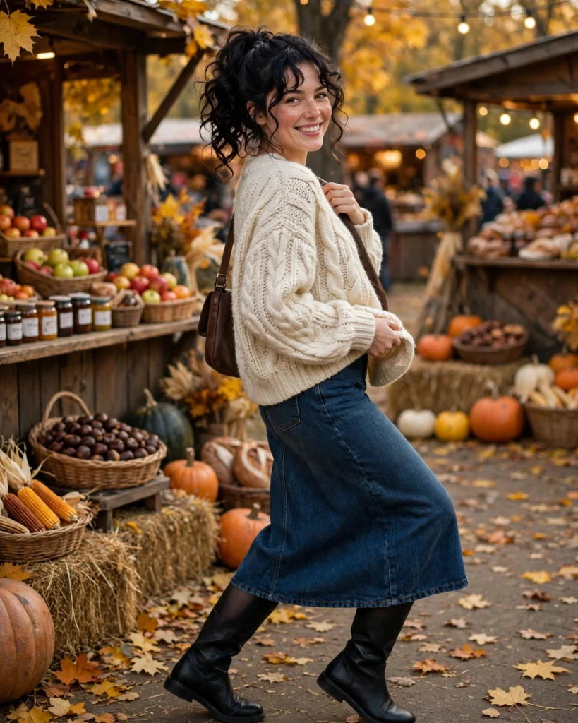 21 Fall Festival Outfits for Women: Cute & Chic Looks for Autumn 7 Chunky Sweater with a Denim Skirt Fall Festival Outfit