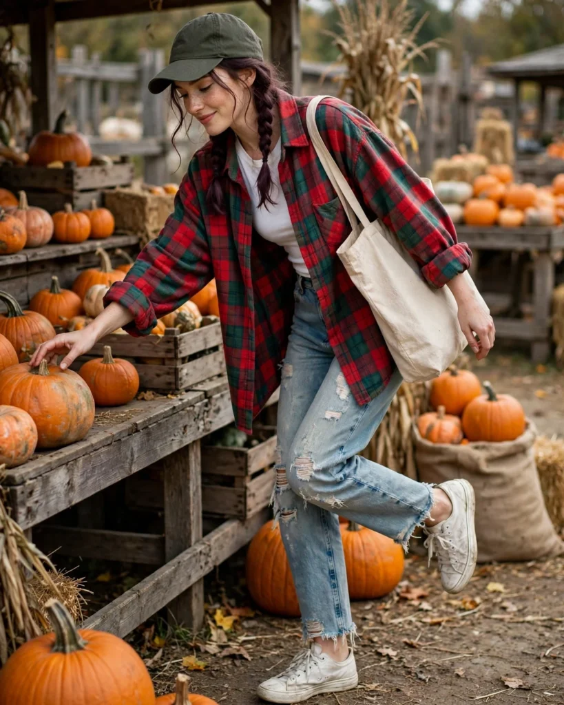 Distressed Jeans with an Oversized Flannel Pumpkin Patch Outfit with Jeans