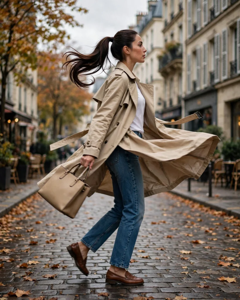 Jeans with a Classic Trench Coat Fall Jeans Outfit