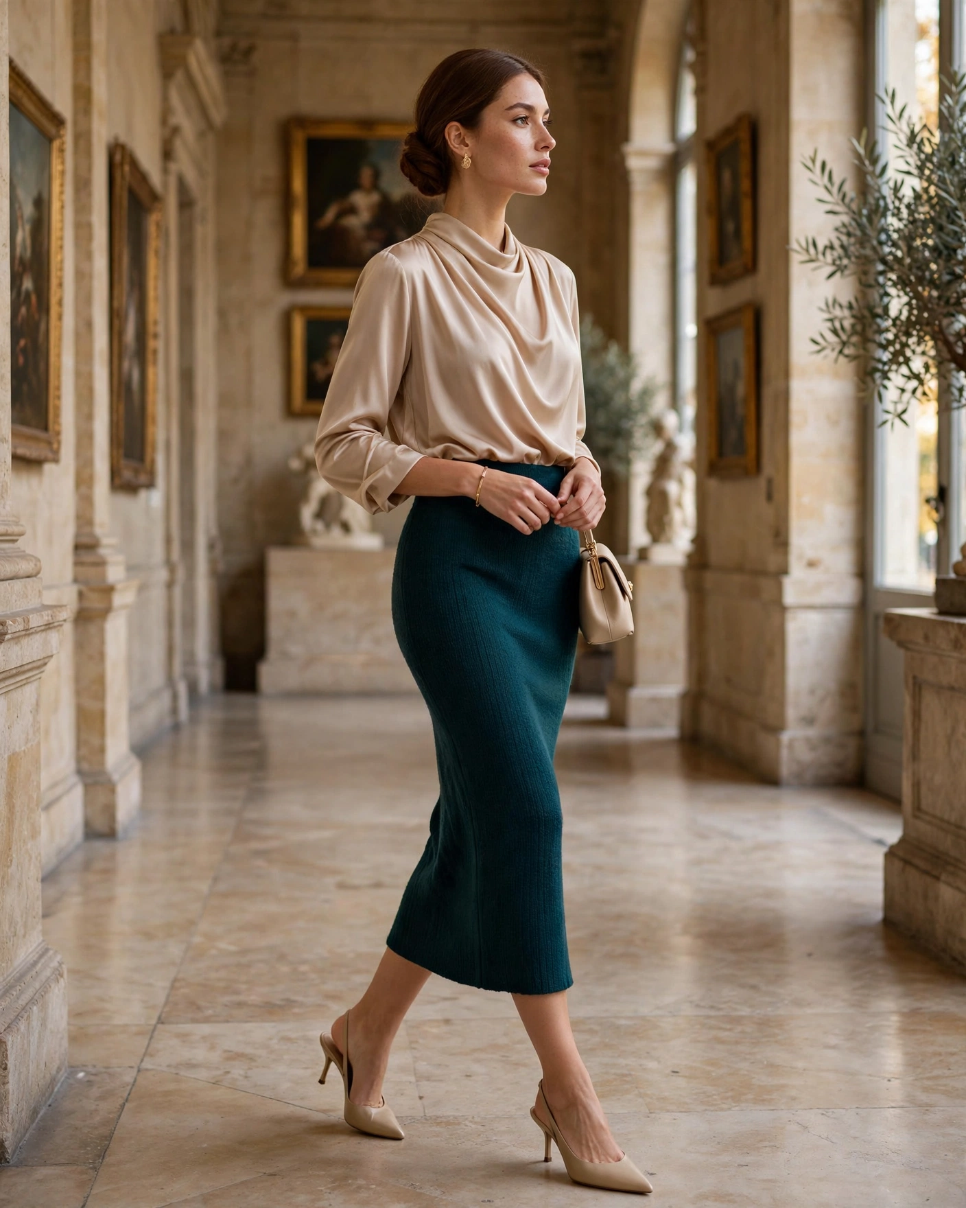 20 Knit Skirt Outfits for Fall: Cozy and Chic Looks to Try 7 Knit Pencil Skirt with a Draped Satin Blouse Knit Skirt Fall Outfit