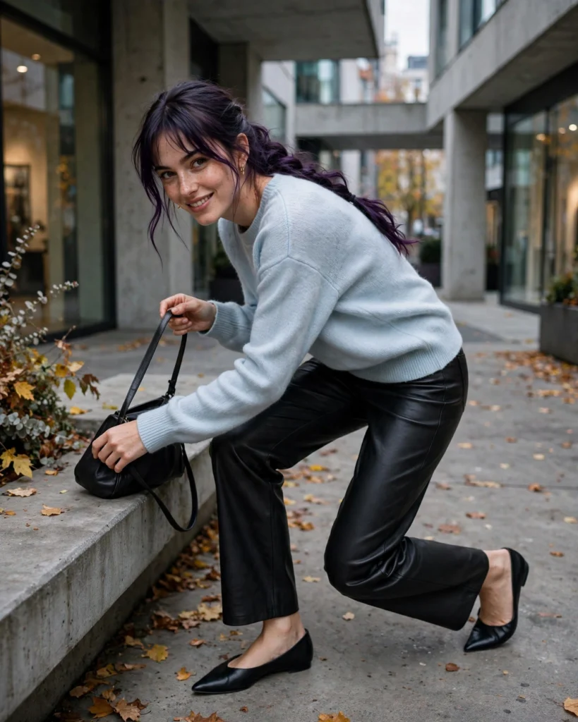 Leather-Look Trousers with a Soft Knit Top Fall Fashion Outfit