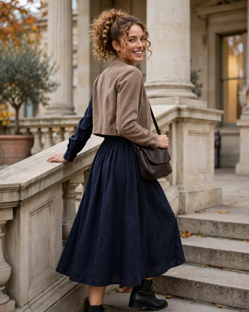 Museum-Hopping Outfit with a Midi Dress and Ankle Boots Fall Travel Outfit
