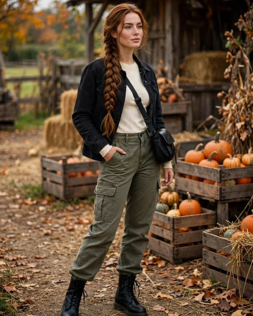 21 Pumpkin Patch Outfits with Black Boots: Cute & Chic Fall Looks 7 Olive Cargo Pants with Black Lace-Up Boots Pumpkin Patch Outfit with Black Boots