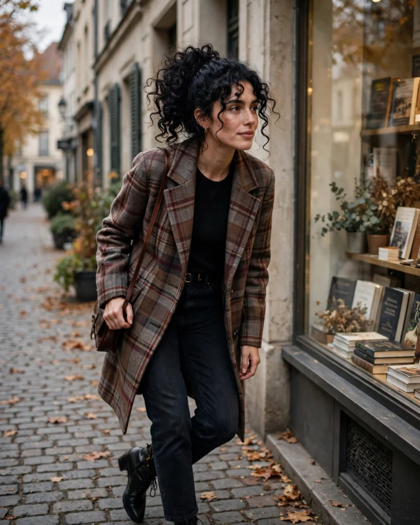 Plaid Coat with Dark Denim Fall Coat Outfit