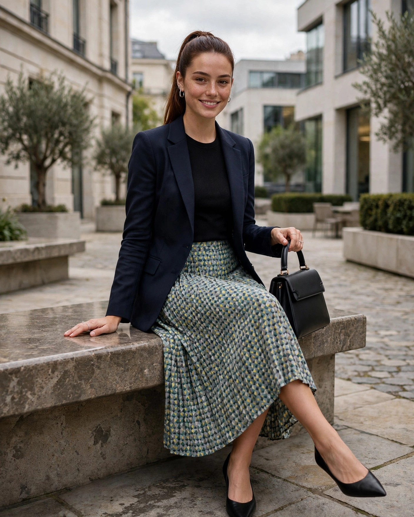 20 Midi Skirt Fall Outfits: Chic and Effortless Looks to Try 7 Printed Midi Skirt with a Structured Blazer Midi Skirt Fall Outfit