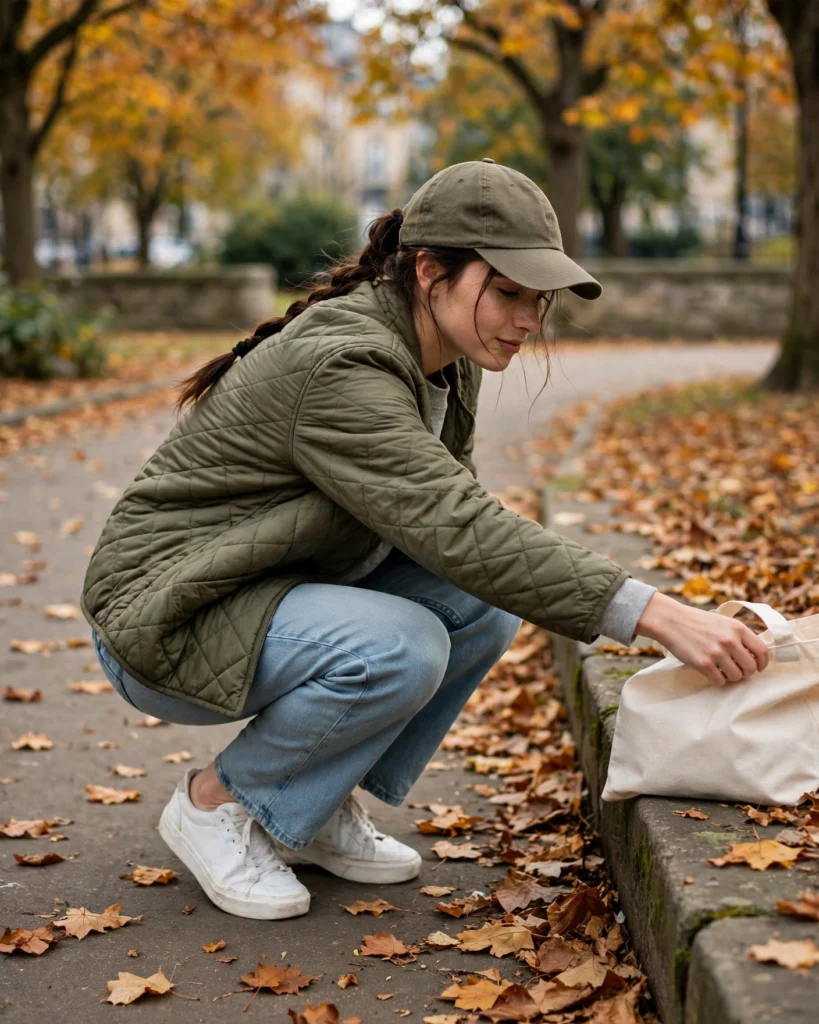 Quilted Jacket with a Sweatshirt and Relaxed Jeans Cozy Autumn Outfit
