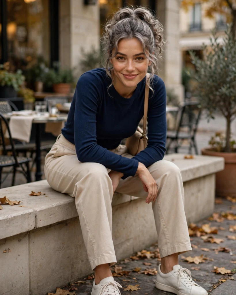 Relaxed Trousers with a Long-Sleeved Tee Casual Fall Outfit