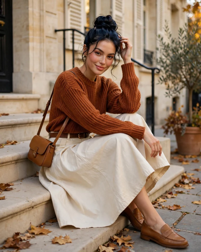 21 Nice Fall Outfits for 2026: Chic, Classy & Effortless Looks 6 Rust Knit Top with a Cream A-Line Skirt Nice Fall Outfit